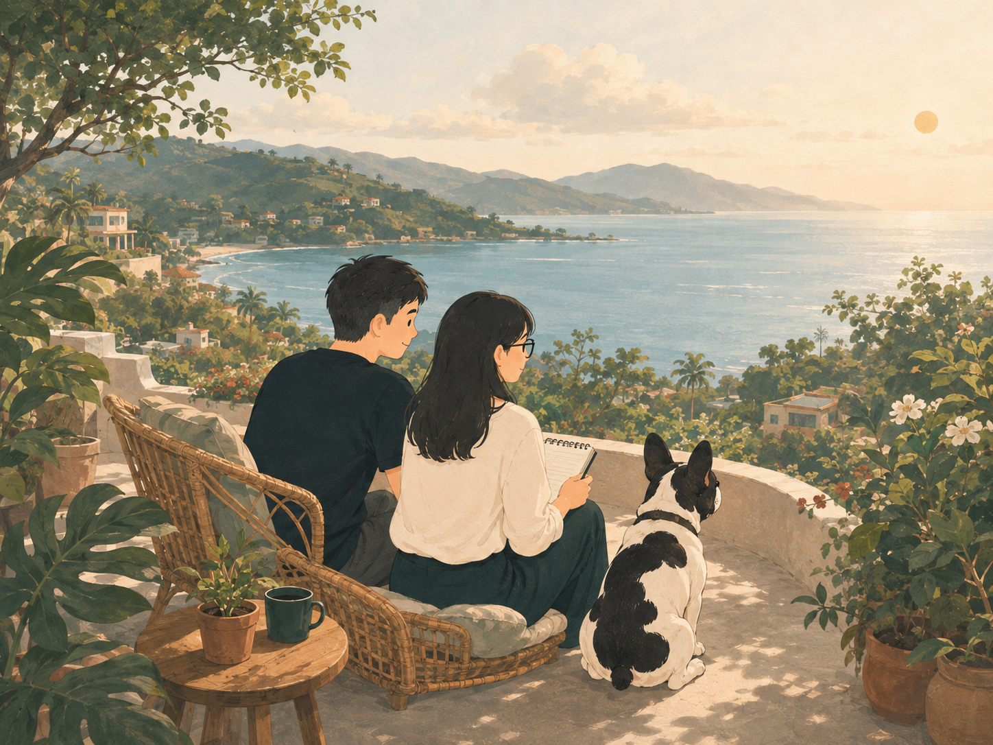 A couple and their French bulldog sharing a quiet moment overlooking the coast