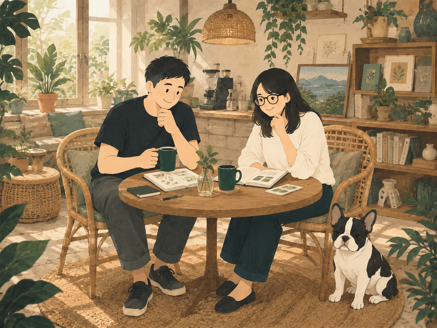 A couple sharing a thoughtful conversation over coffee with their French bulldog nearby