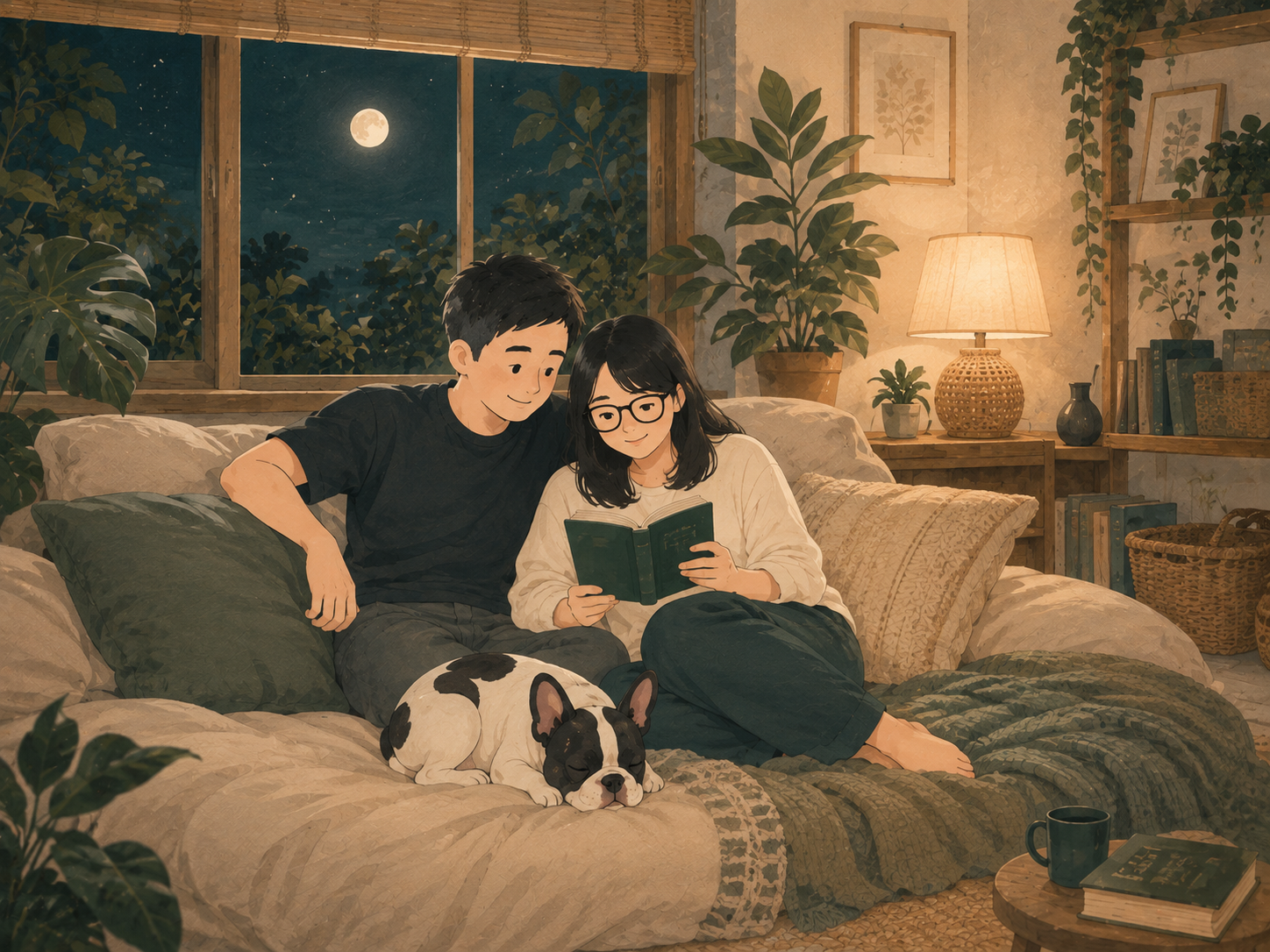 A couple resting together at home while their French bulldog sleeps nearby