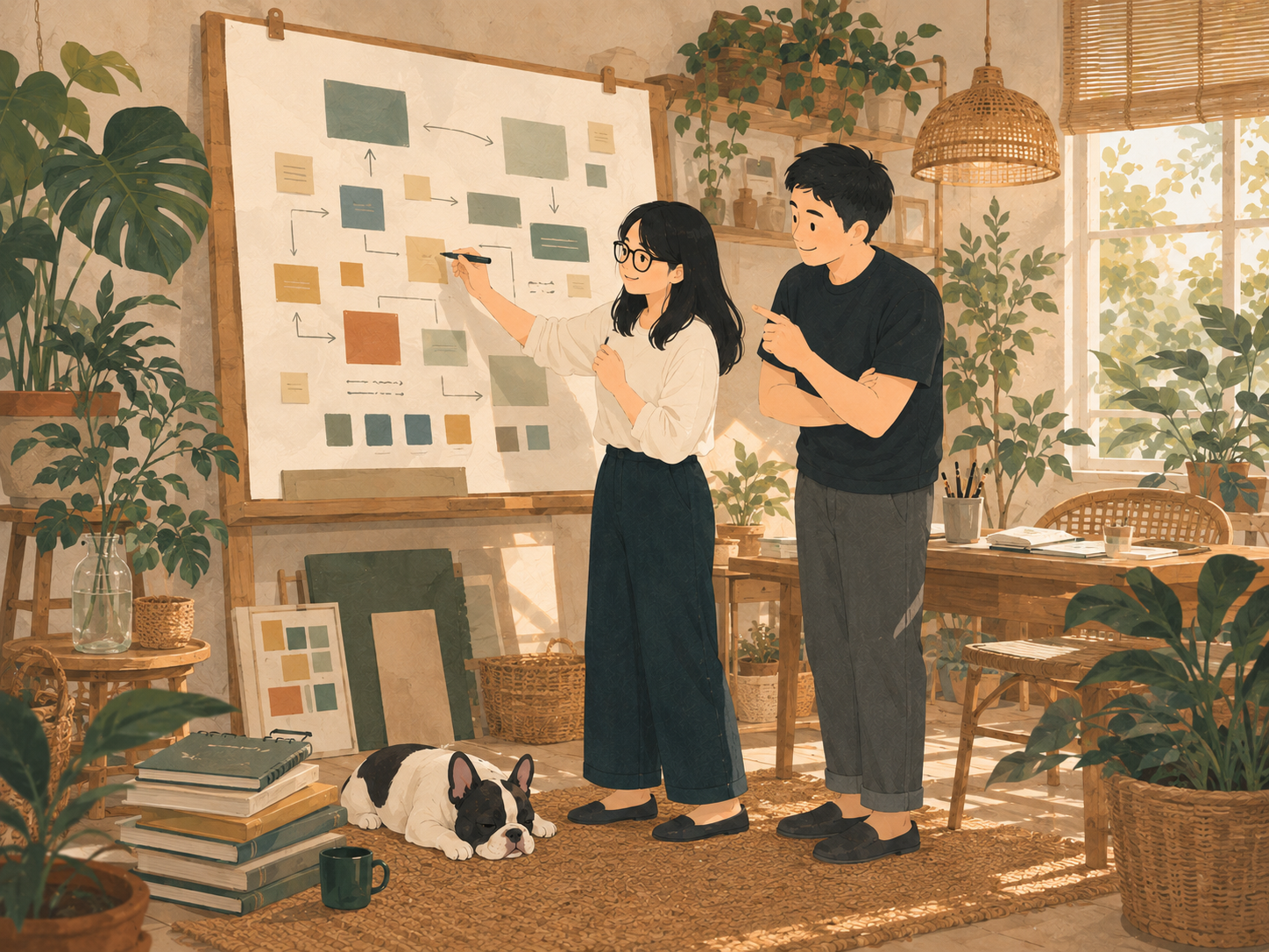 A couple working through a planning board together with their French bulldog nearby