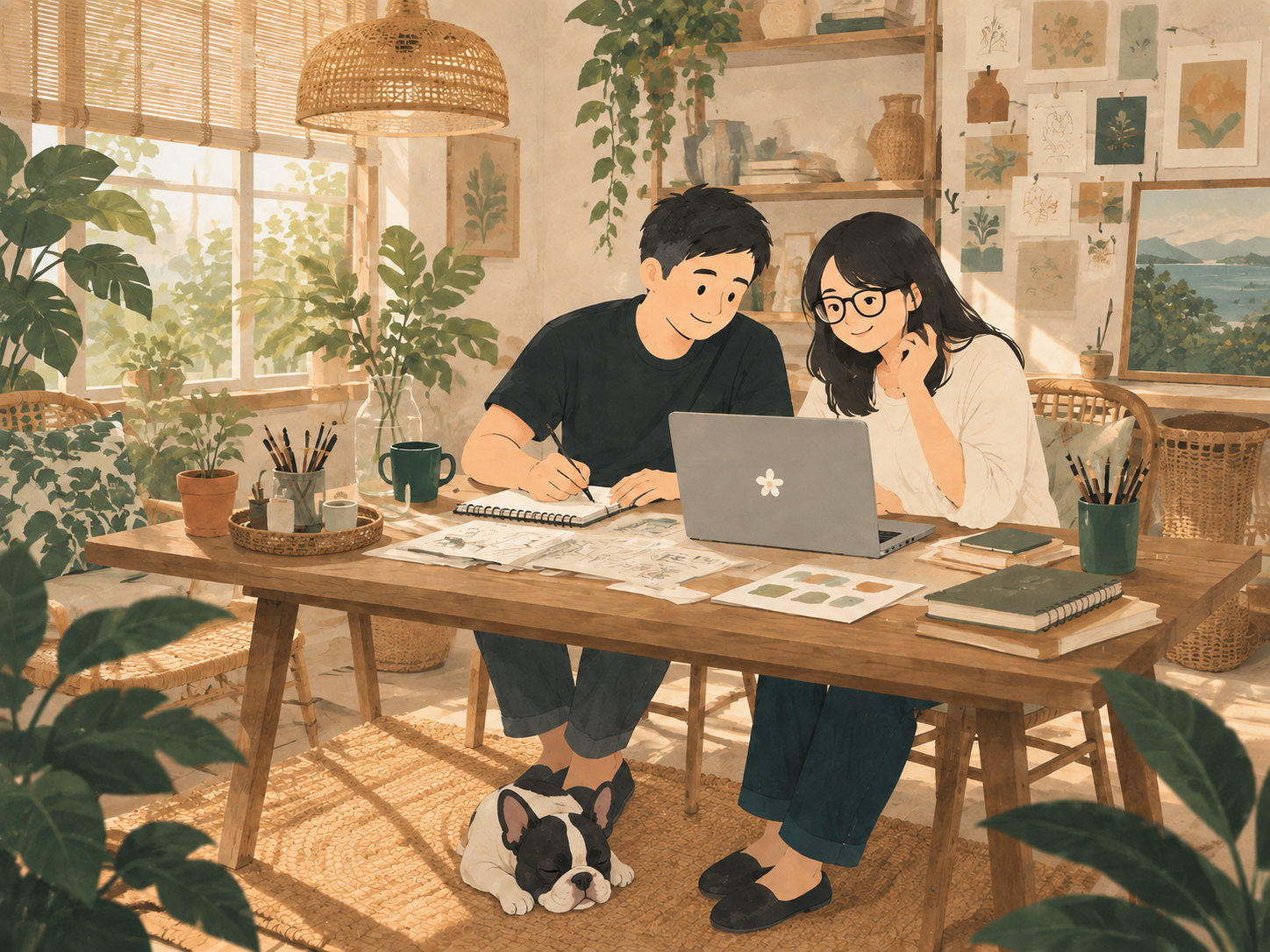 A couple working together at a table with their French bulldog resting nearby